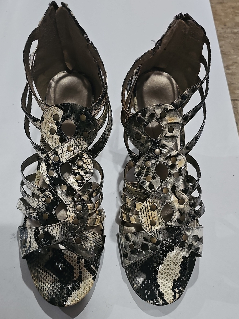 Strappy Snake-Print Women’s Sandals in Black & Cream